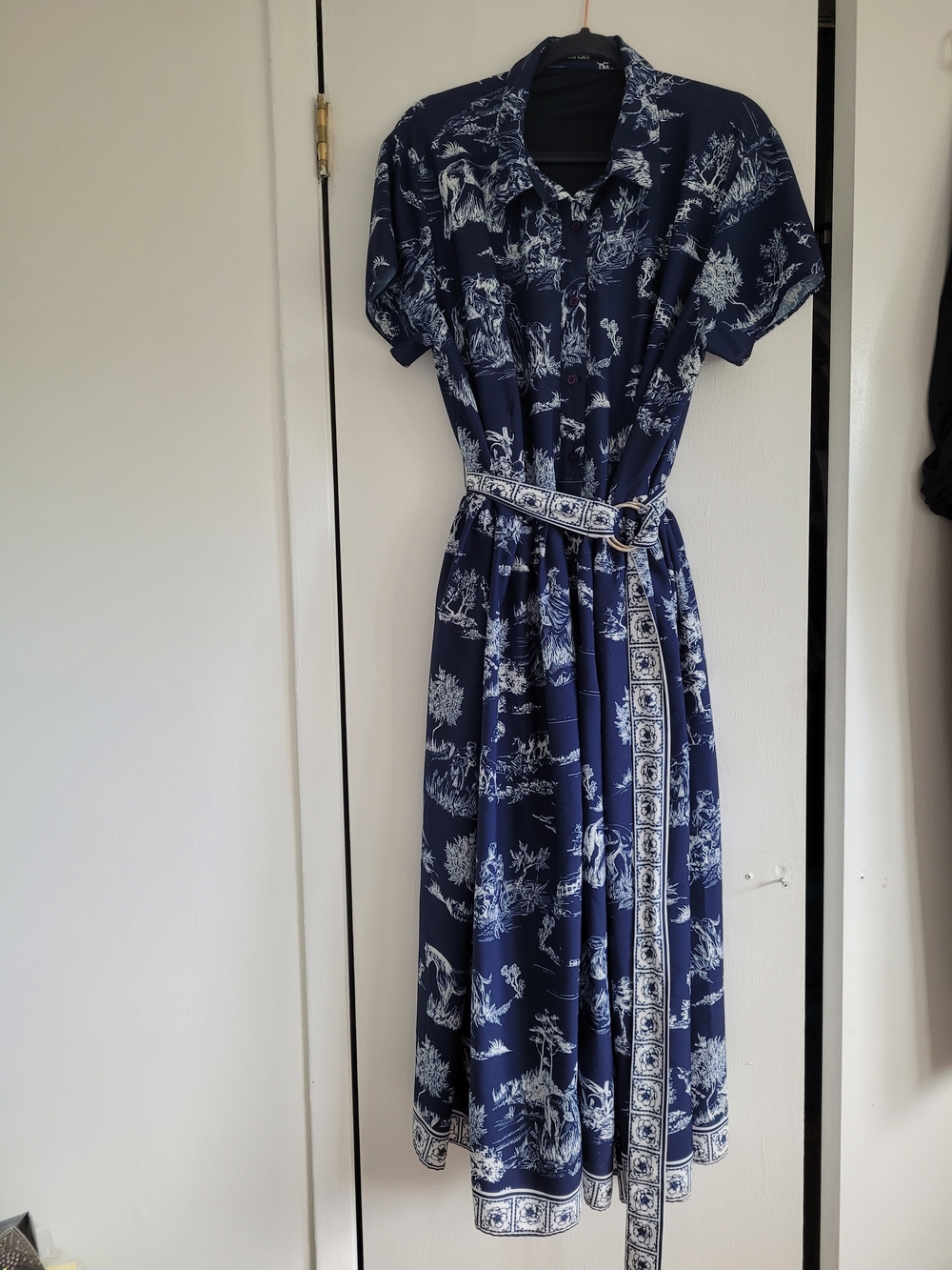 eshakti Navy and White Toile Shirt Midi Dress with Waist Sash